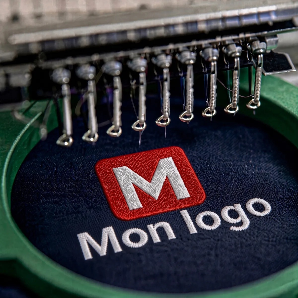 Broderie d'un logo en cours sur machine