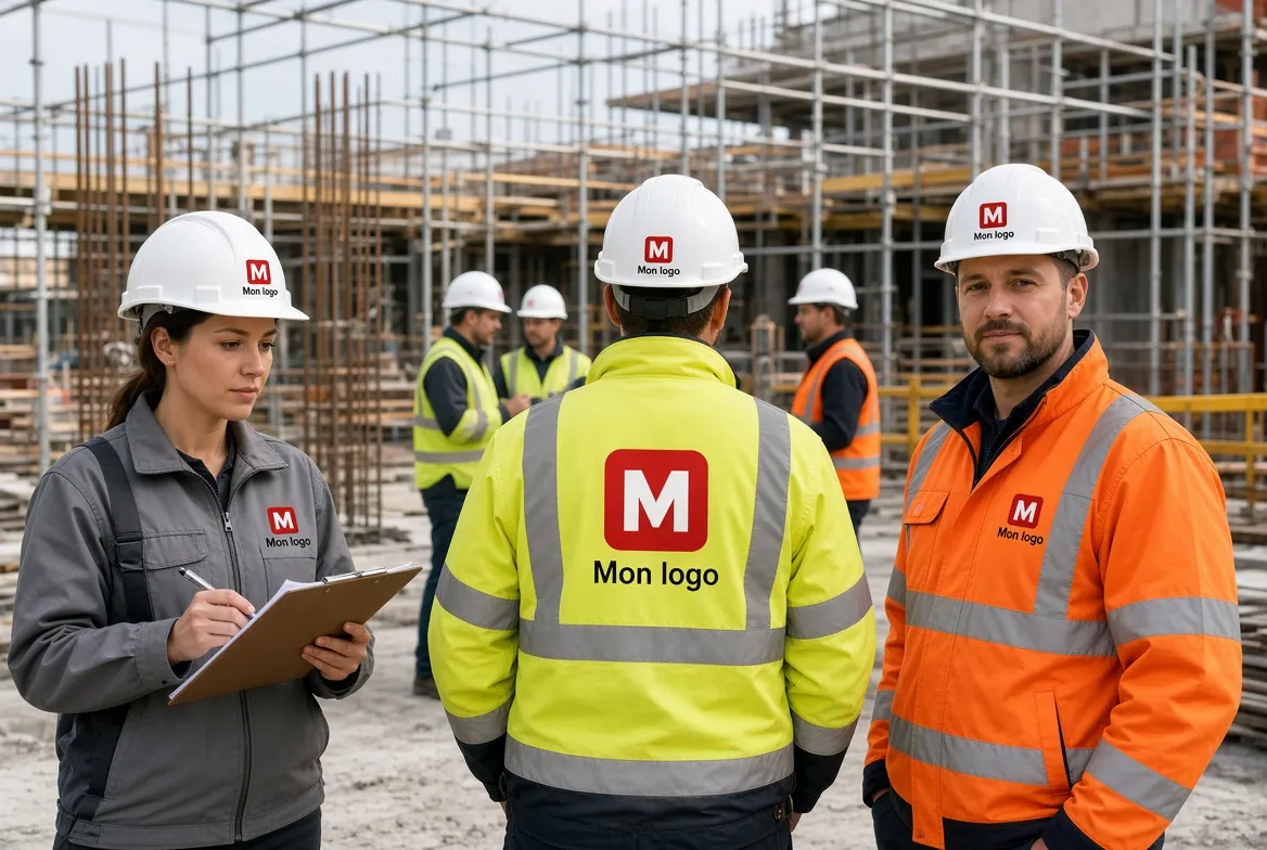 Équipe de chantier en casques et vestes haute visibilité personnalisés
