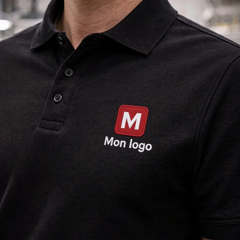 Polo noir brodé d’un logo d’entreprise sur la poitrine